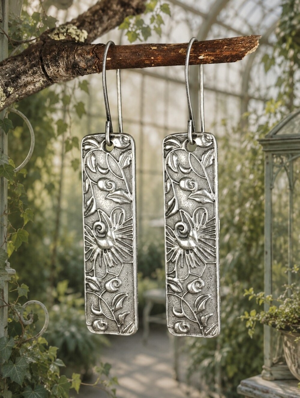 Silver Floral Earrings Botanical Vintage Style Hand Crafted